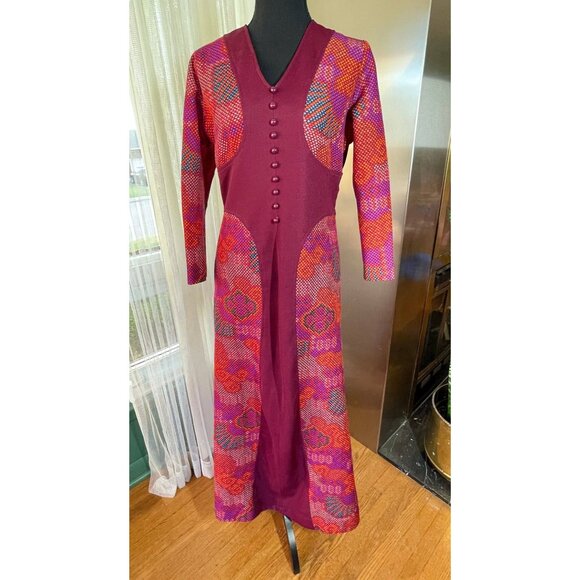 Vintage 70s dress, MOD magenta, hot pink, orange abstract pattern - Picture 1 of 10